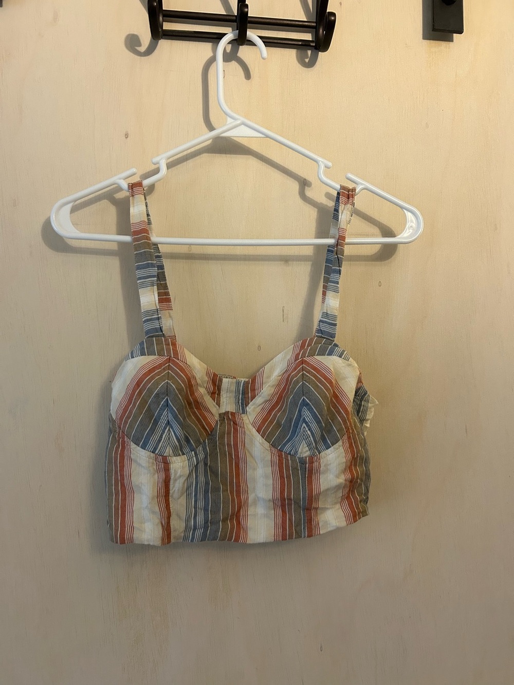 American Eagle Outfitters Striped Bustier Crop Top in Blue, Rust, Cream